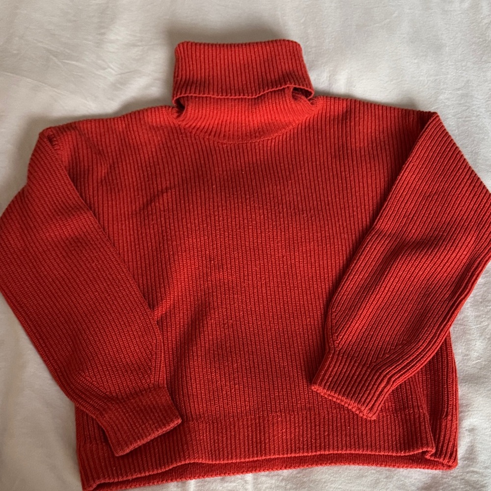 Tory Burch Burnt Orange Pumpkin Ribbed Turtleneck Chunky Sweater M